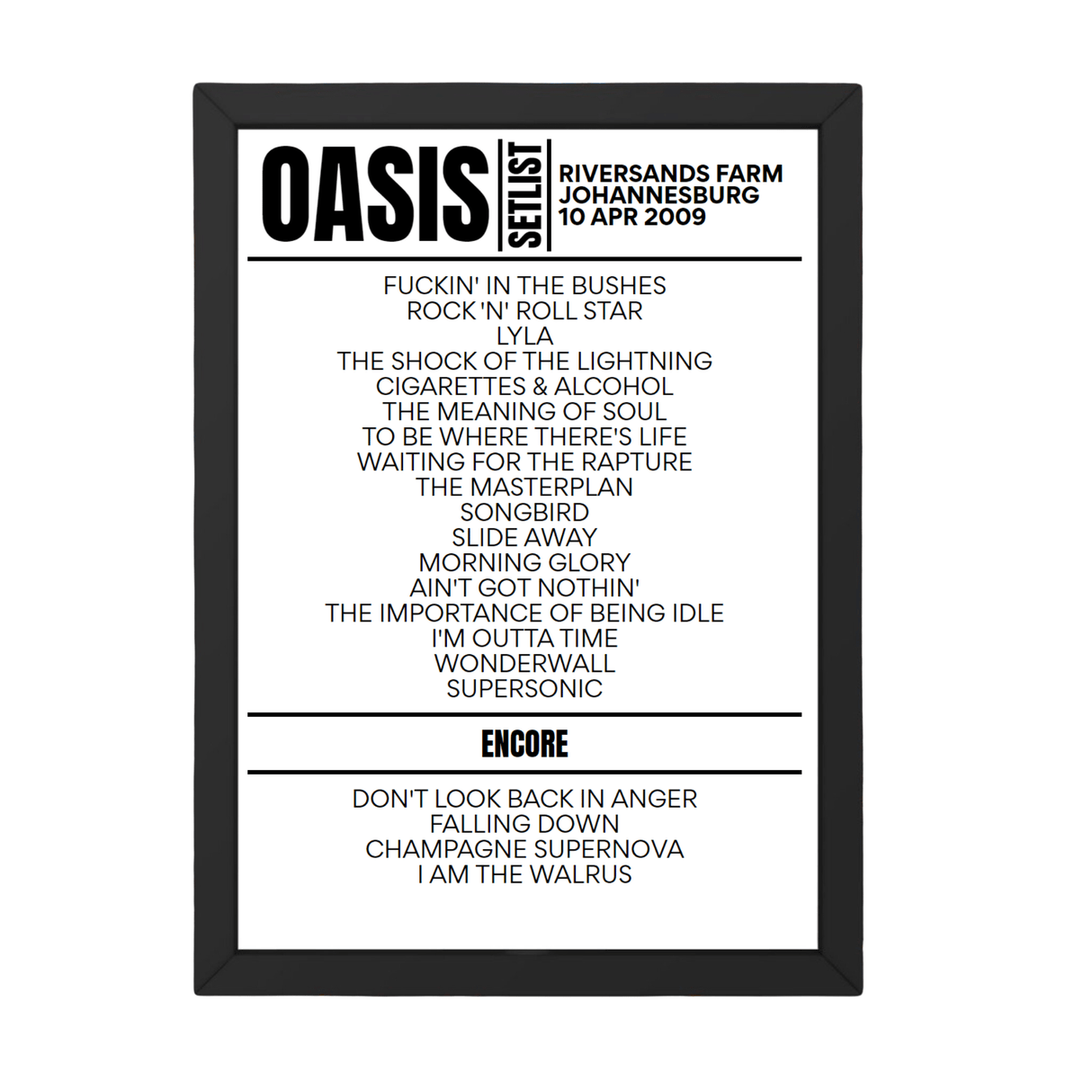 Oasis Setlist 10-04-2009-Johannesburg - Setlist