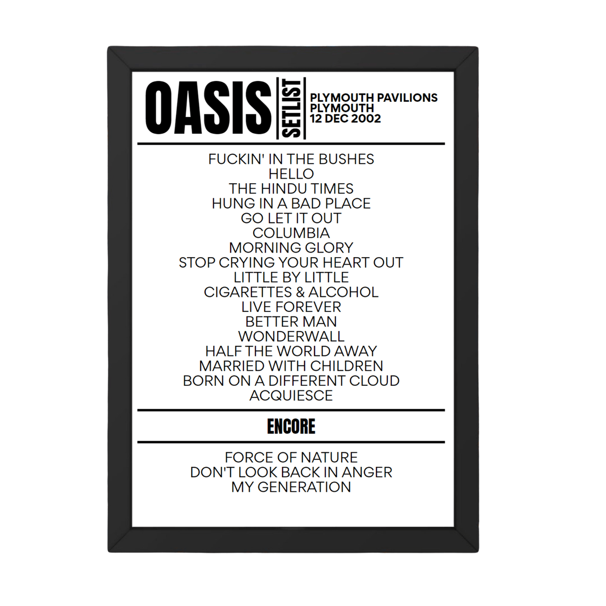 Oasis Setlist 12-12-2002-Plymouth - Setlist