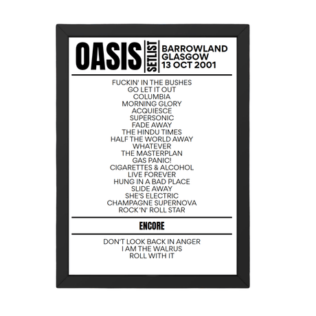 Oasis Setlist 13-10-2001-Glasgow - Setlist