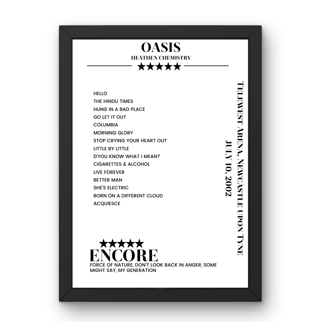 Oasis Telewest Arena Newcastle upon Tyne 10 July 2002 Setlist Poster - Setlist