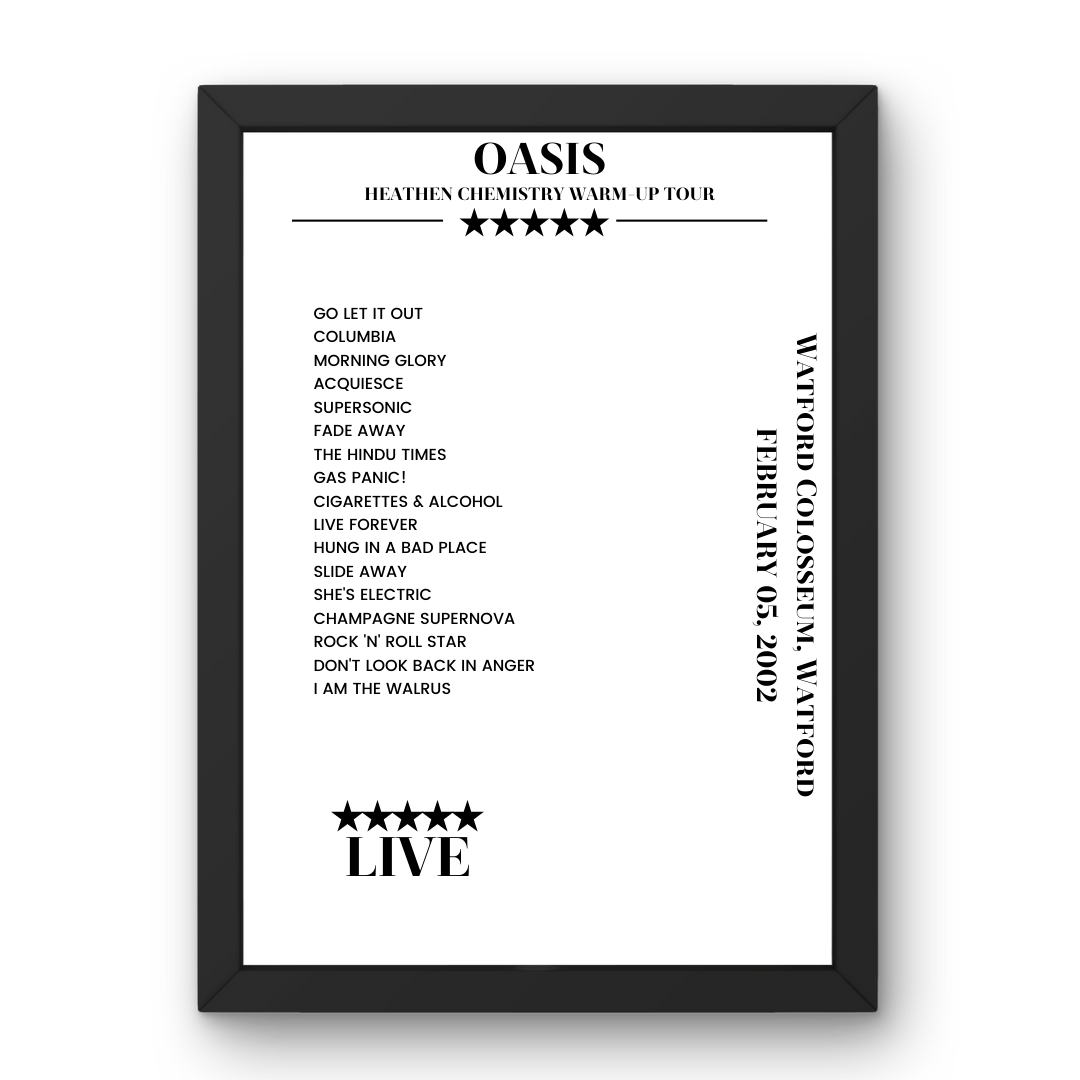 Oasis Watford Colosseum Watford 5 February 2002 Setlist Poster - Setlist