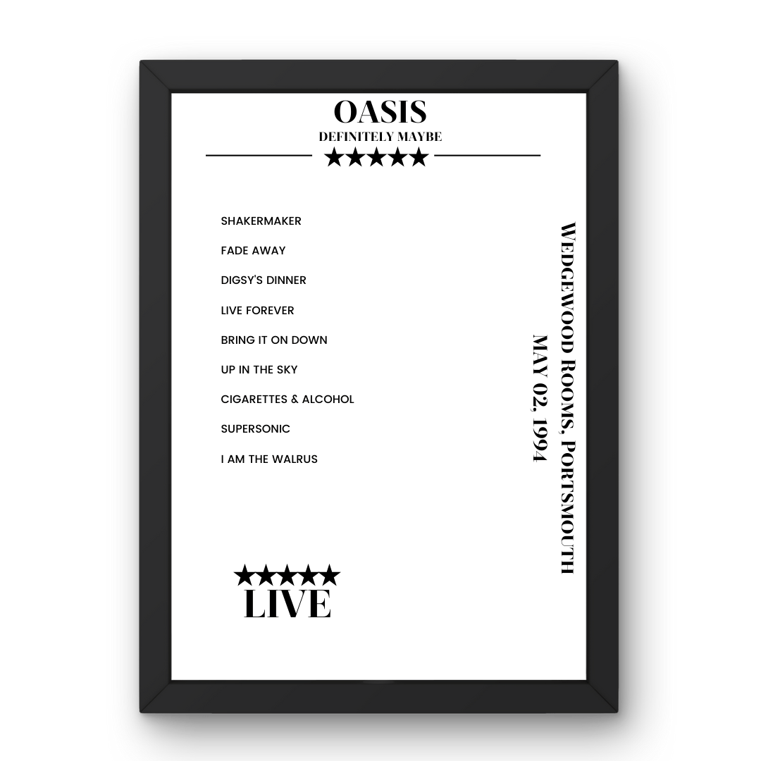 Oasis Wedgewood Rooms Portsmouth 2 May 1994 Setlist Poster - Setlist