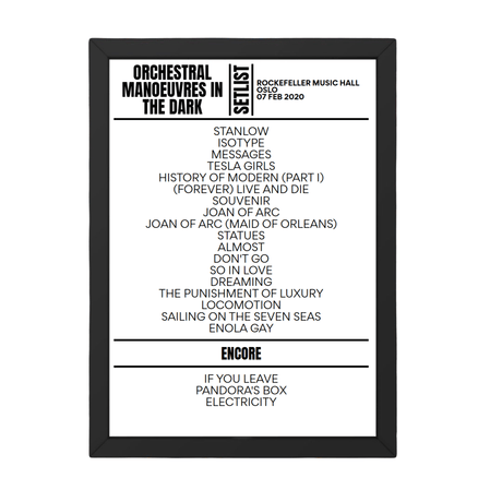 Orchestral Manoeuvres in the Dark February 7 2020 Oslo Setlist Poster - Setlist