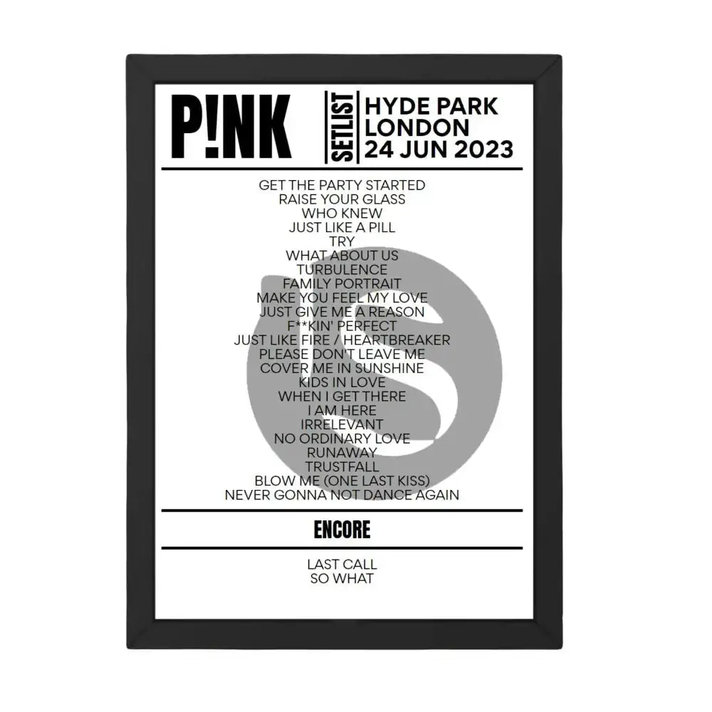 P!nk London June 2023 Replica Setlist - Setlist