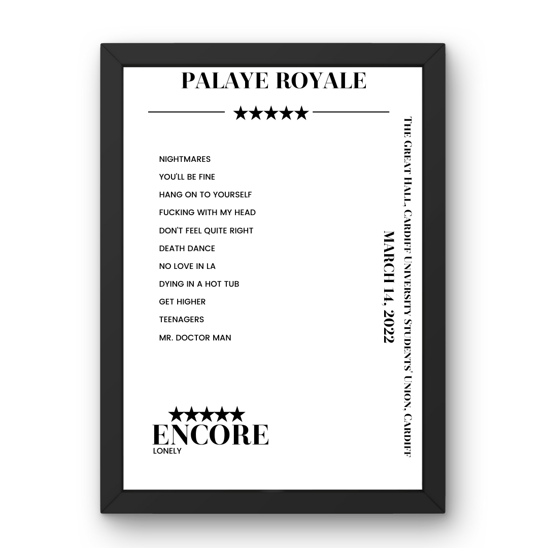 Palaye Royale March 14, 2022 The Great Hall, Cardiff University Students' Union Cardiff Setlist Poster - Setlist