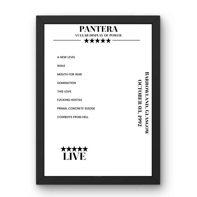 Pantera October 03, 1992 Barrowland Glasgow Setlist Poster - Setlist