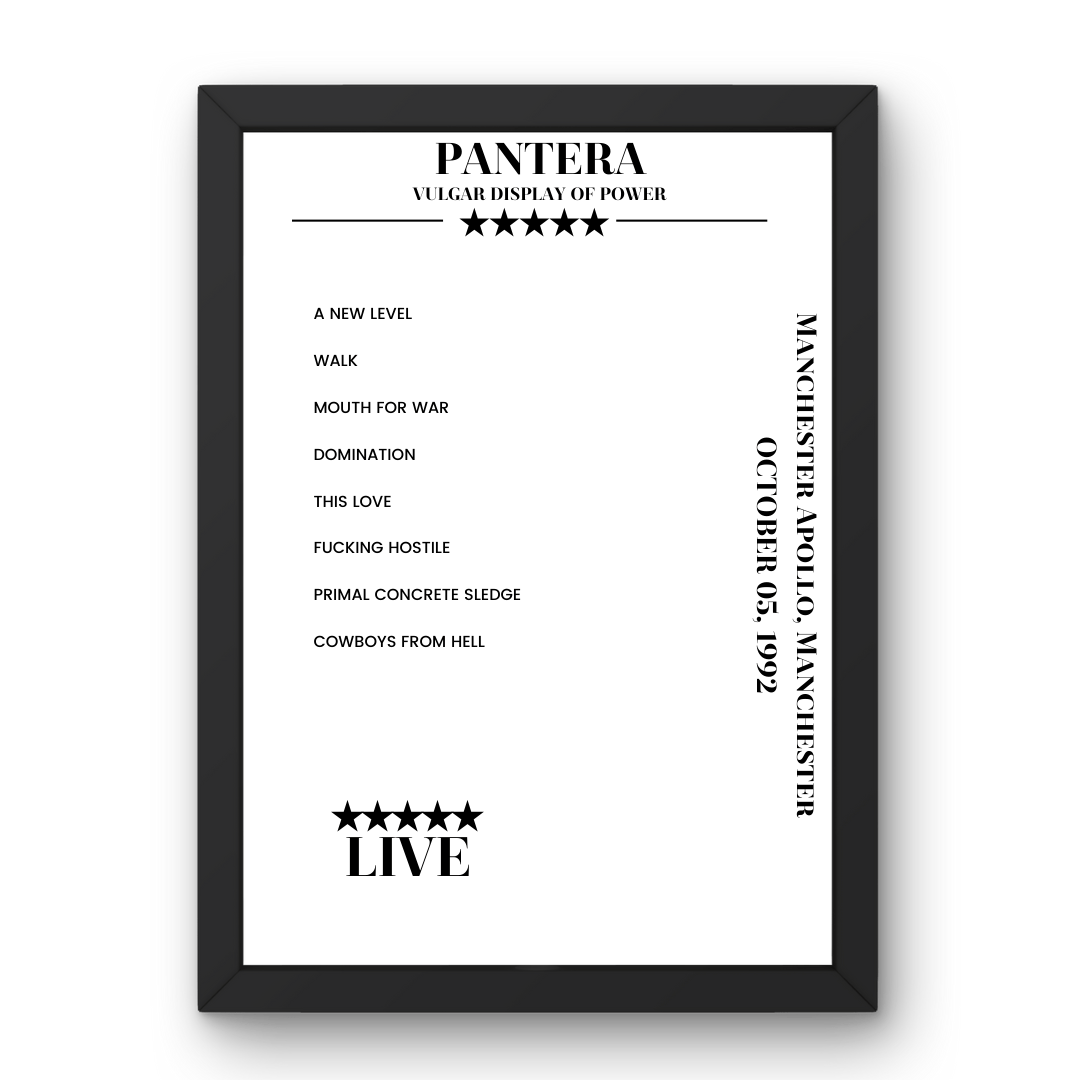 Pantera October 05, 1992 Manchester Apollo Manchester Setlist Poster - Setlist