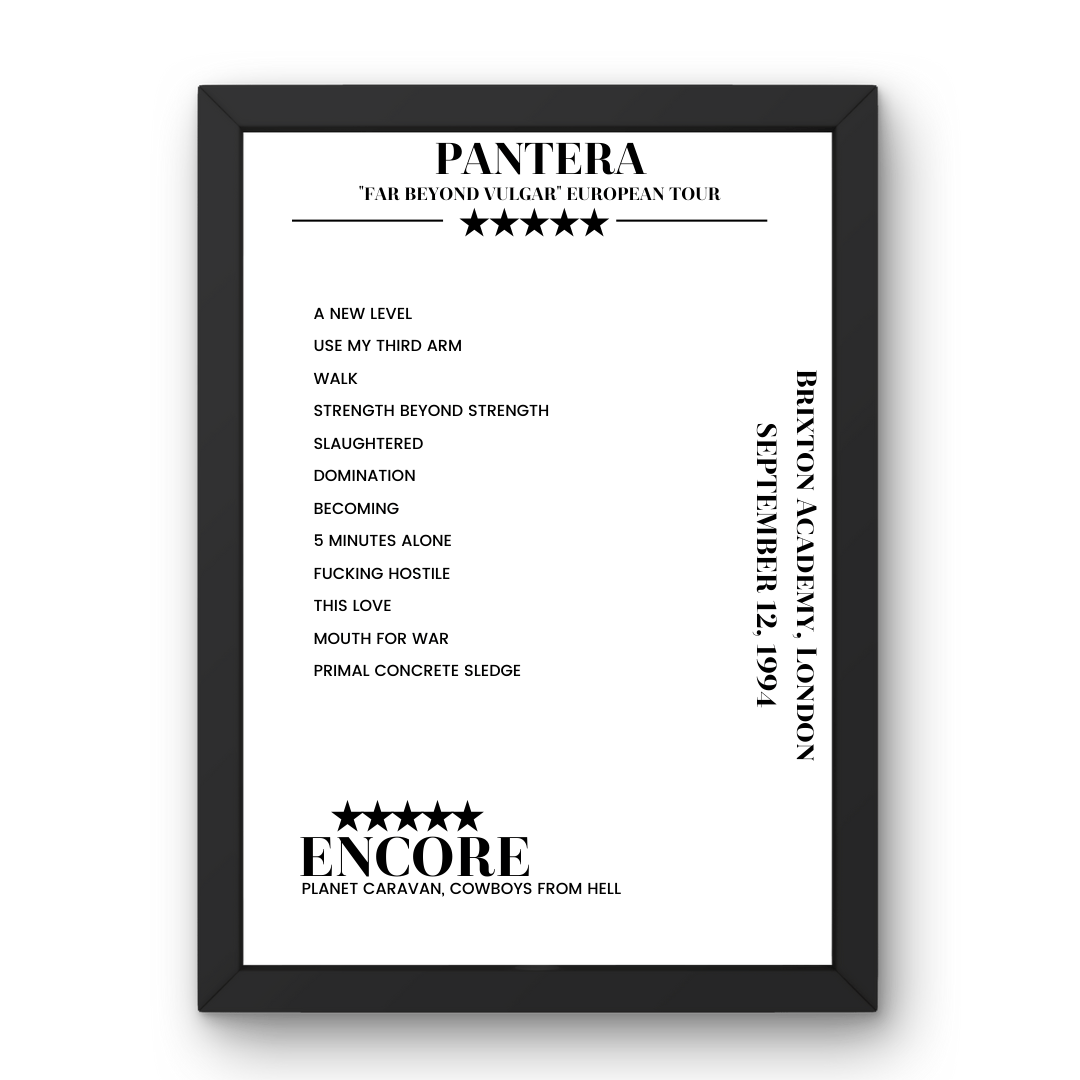 Pantera September 12, 1994 Brixton Academy London Setlist Poster - Setlist