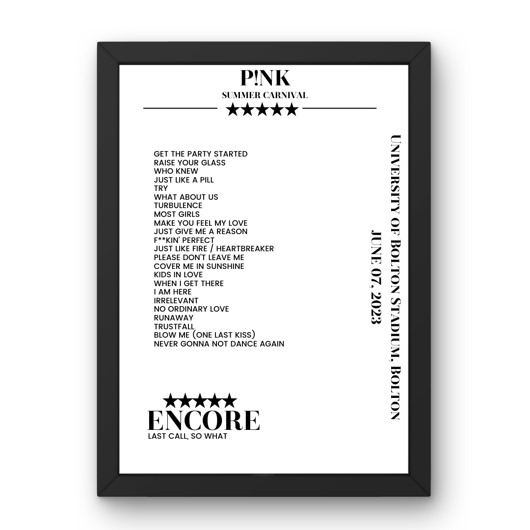 P!nk June 07, 2023 University of Bolton Stadium Bolton Setlist Poster - Setlist