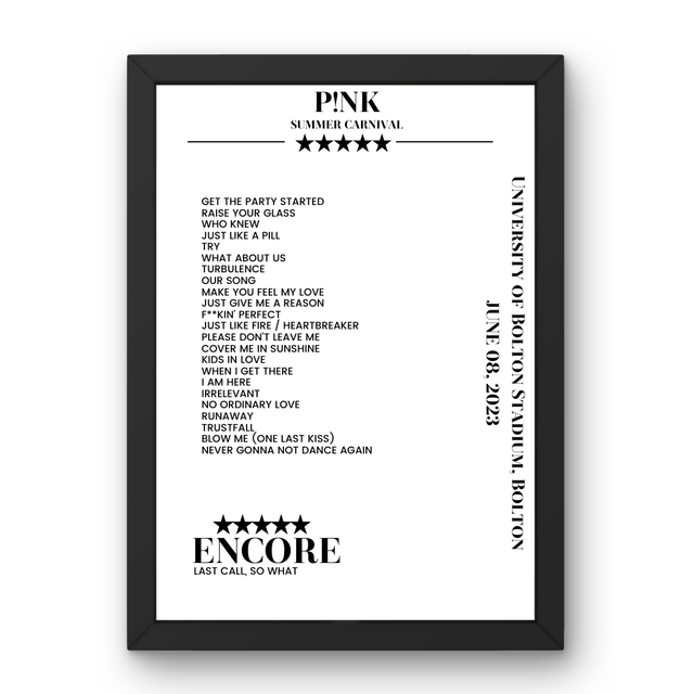 P!nk June 08, 2023 University of Bolton Stadium Bolton Setlist Poster - Setlist