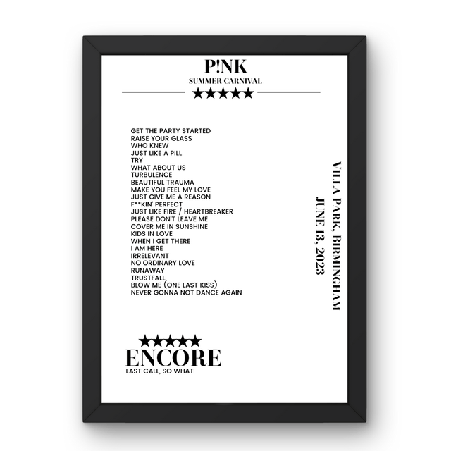 P!nk June 13, 2023 Villa Park Birmingham Setlist Poster - Setlist