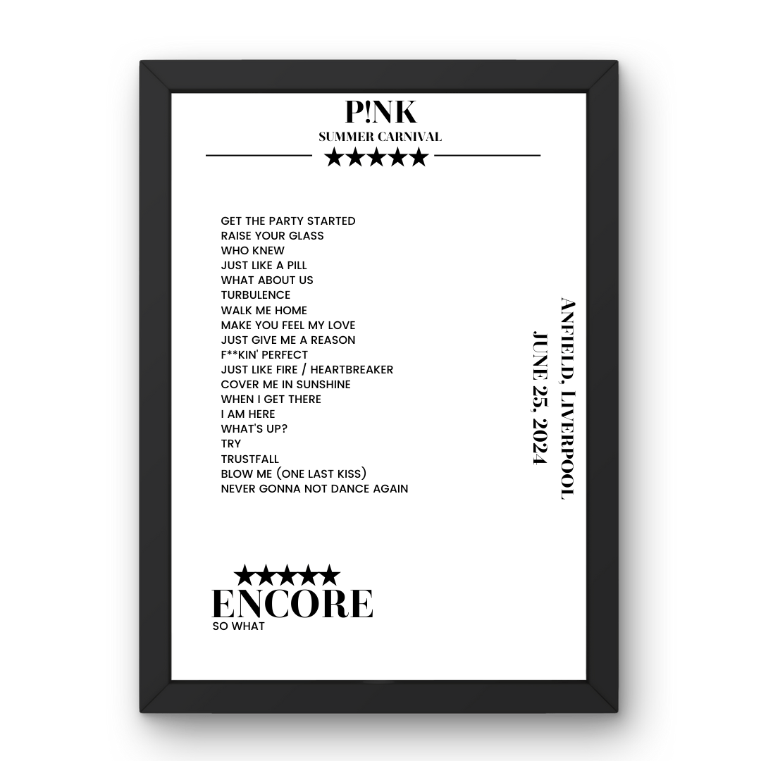 P!nk June 25, 2024 Anfield Liverpool Setlist Poster - Setlist