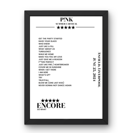 P!nk June 25, 2024 Anfield Liverpool Setlist Poster - Setlist