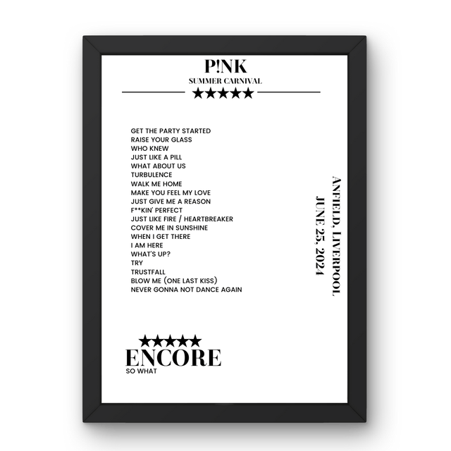 P!nk June 25, 2024 Anfield Liverpool Setlist Poster - Setlist