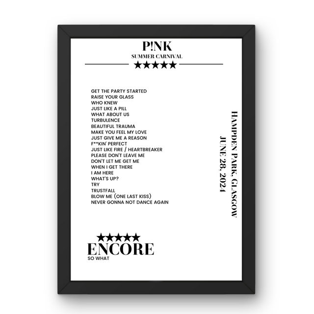 P!nk June 28, 2024 Hampden Park Glasgow Setlist Poster - Setlist