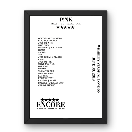 P!nk June 30, 2019 Wembley Stadium London Setlist Poster - Setlist