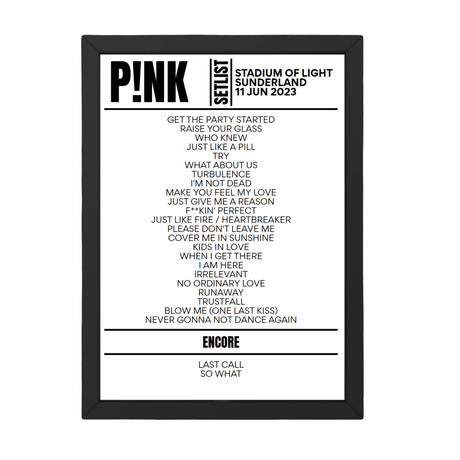 P!nk Sunderland June 2023 Replica Setlist - Setlist