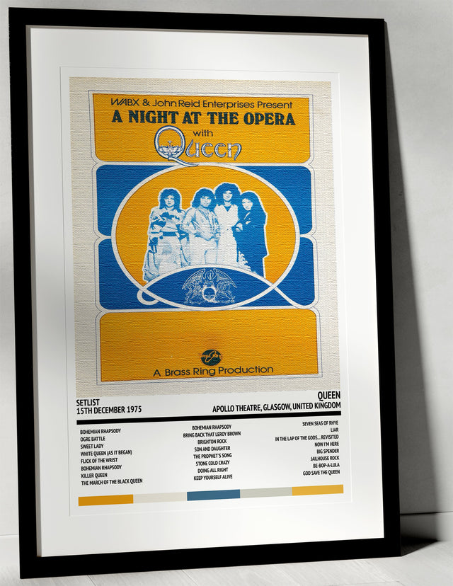 Queen A Night At the Opera Apollo Theatre Glasgow 15th December 1975 - Setlist Tour Poster - Setlist