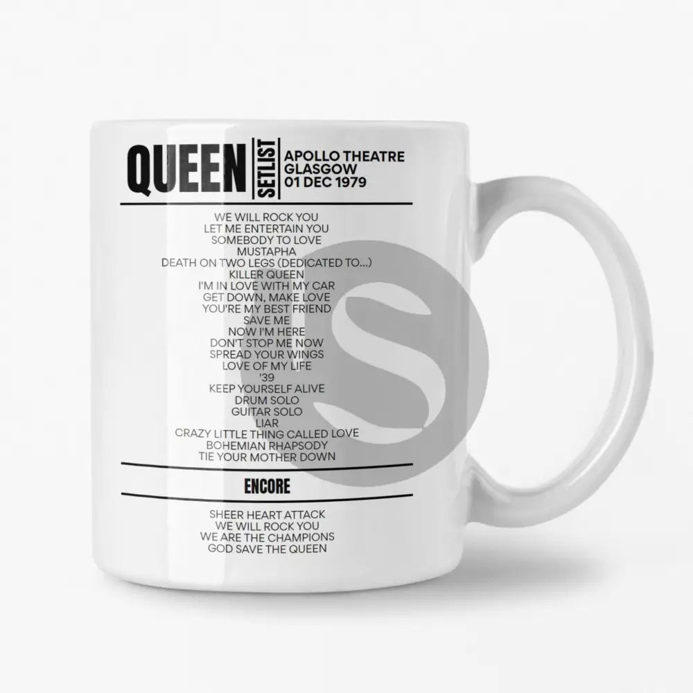 Queen Apollo Theatre Glasgow 1st December 1979 Setlist Mug - Setlist