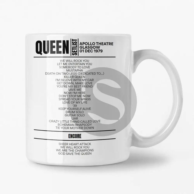 Queen Apollo Theatre Glasgow 1st December 1979 Setlist Mug - Setlist