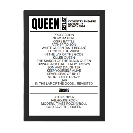 Queen - Coventry - November 3rd 1974 Replica Setlist - Setlist