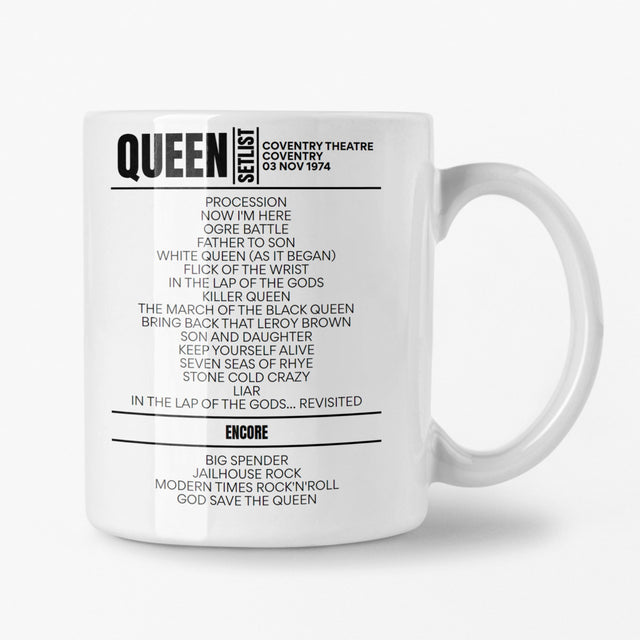 Queen Coventry Theatre 3rd November 1974 Setlist Mug - Setlist