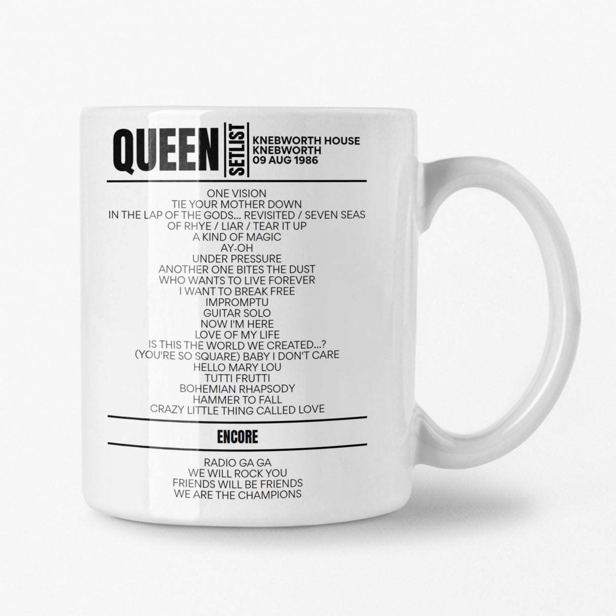 Queen Knebworth 09 August 1986 Setlist Mug - Setlist