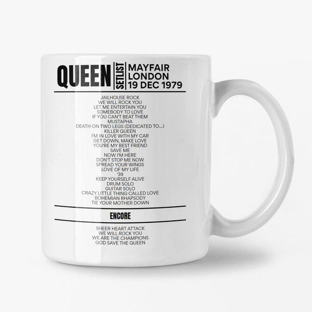 Queen Mayfair London 19 December 1979 Setlist Mug - Setlist