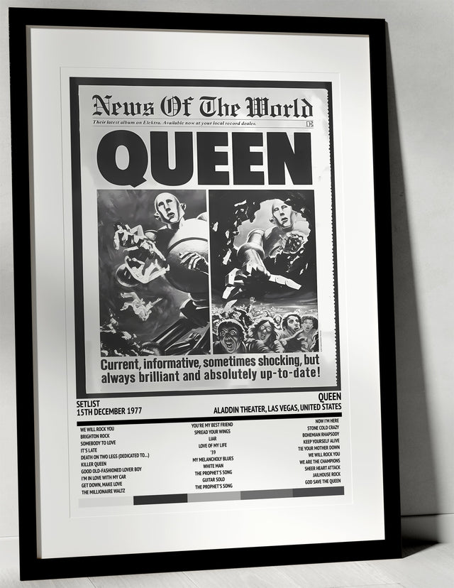 Queen News of the World Aladdin Theater Las Vegas 15th December 1977 - Setlist Tour Poster - Setlist