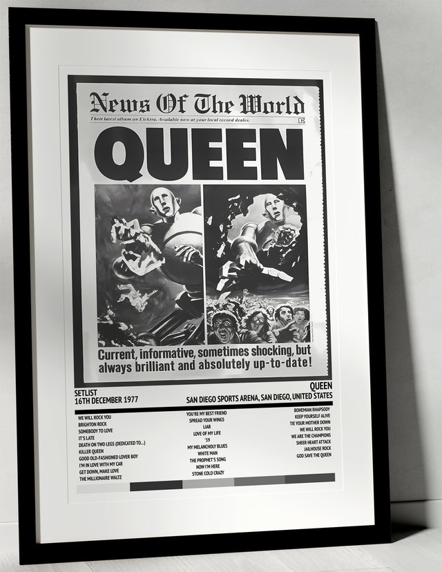 Queen News of the World San Diego Sports Arena San Diego 16th December 1977 - Setlist Tour Poster - Setlist