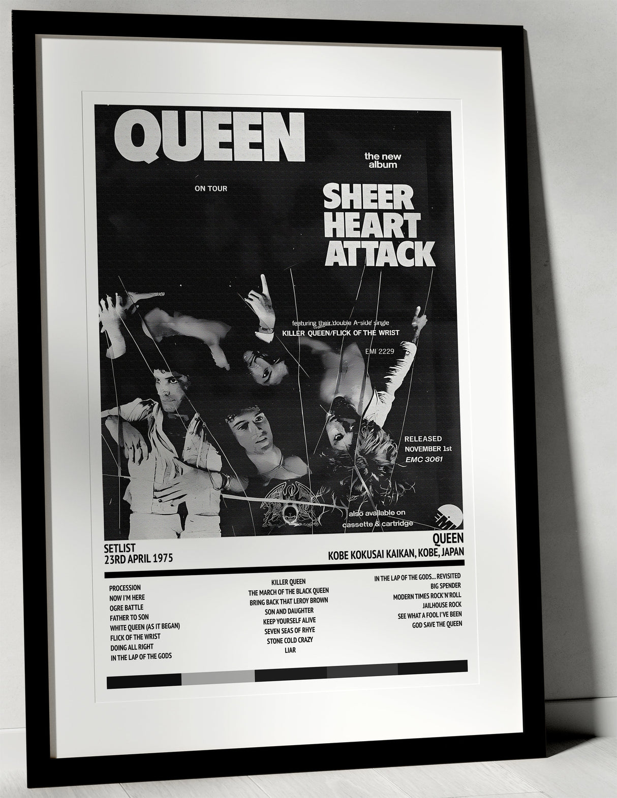 Queen Sheer Heart Attack Kobe Kokusai Kaikan Kobe 23rd April 1975 - Setlist Tour Poster - Setlist