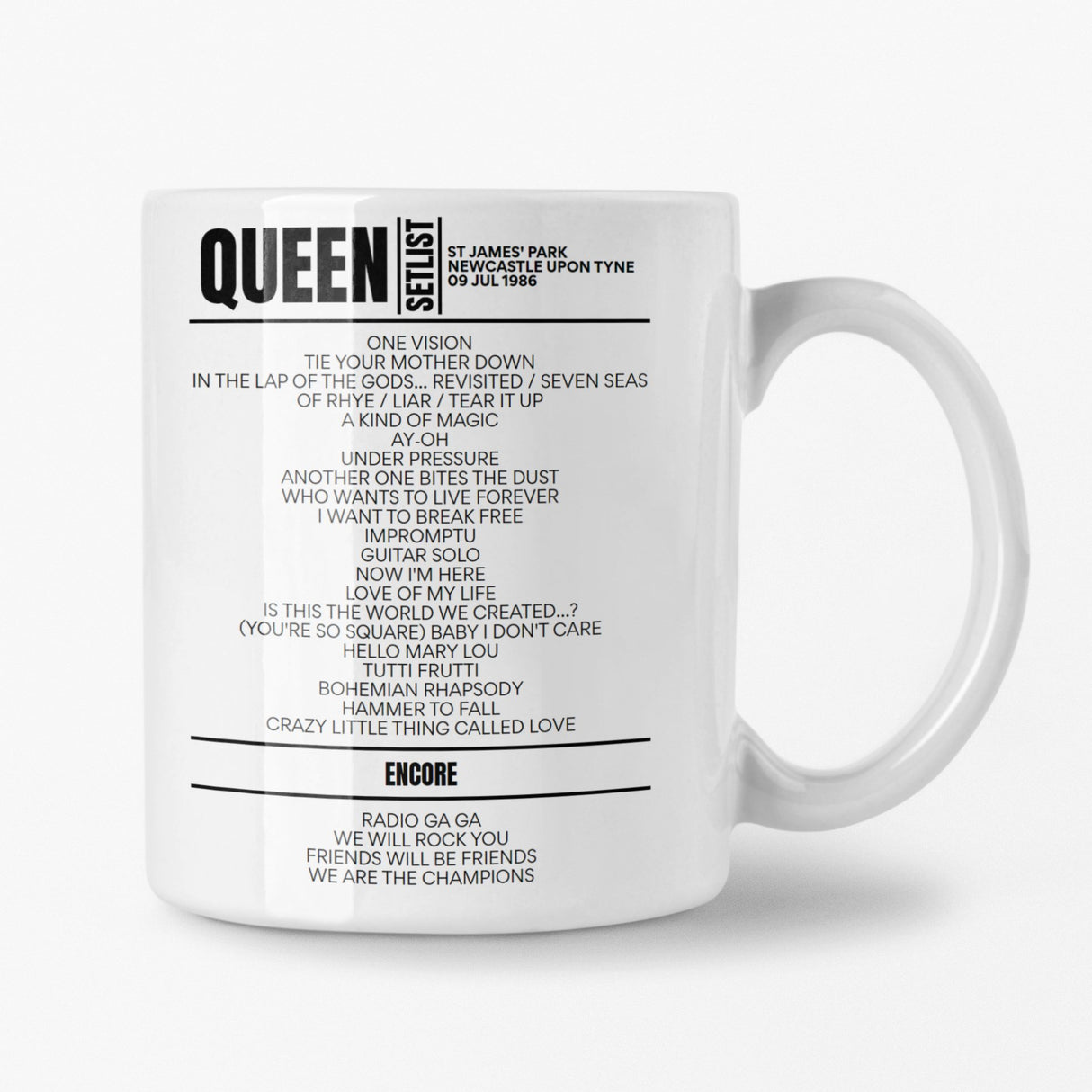 Queen St James's Park Newcastle 09 July 1986 Setlist Mug - Setlist