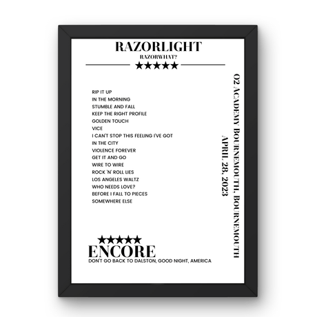 Razorlight April 28, 2023 O2 Academy Bournemouth Bournemouth Setlist Poster - Setlist