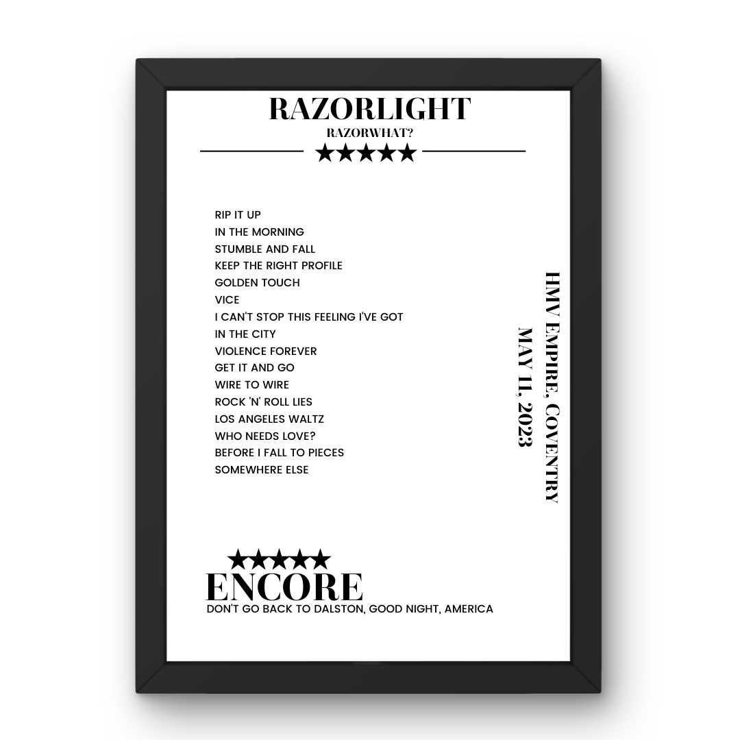 Razorlight May 11, 2023 HMV Empire Coventry Setlist Poster - Setlist