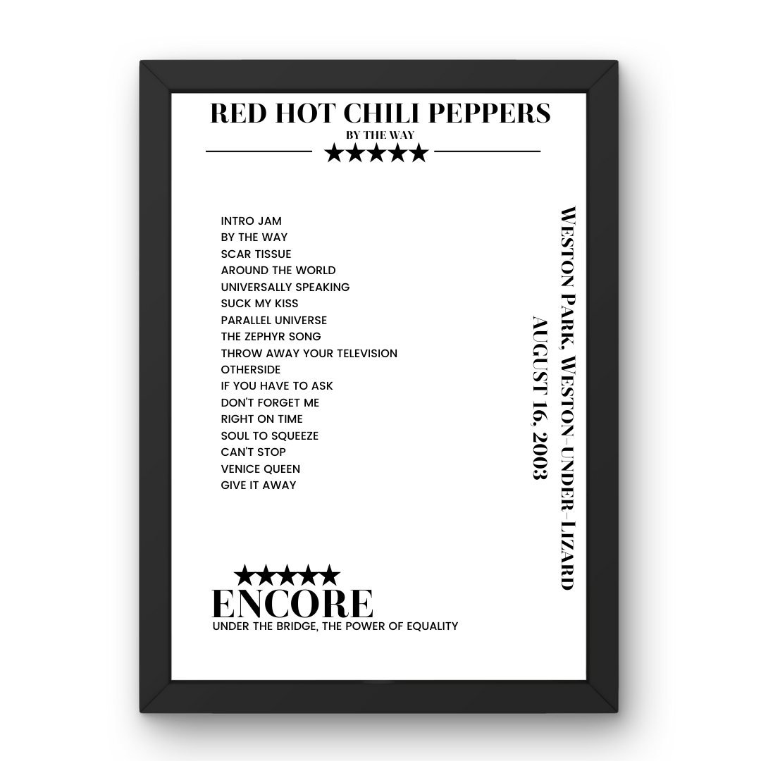 Red Hot Chili Peppers August 16, 2003 Weston Park Weston - under - Lizard Setlist Poster - Setlist