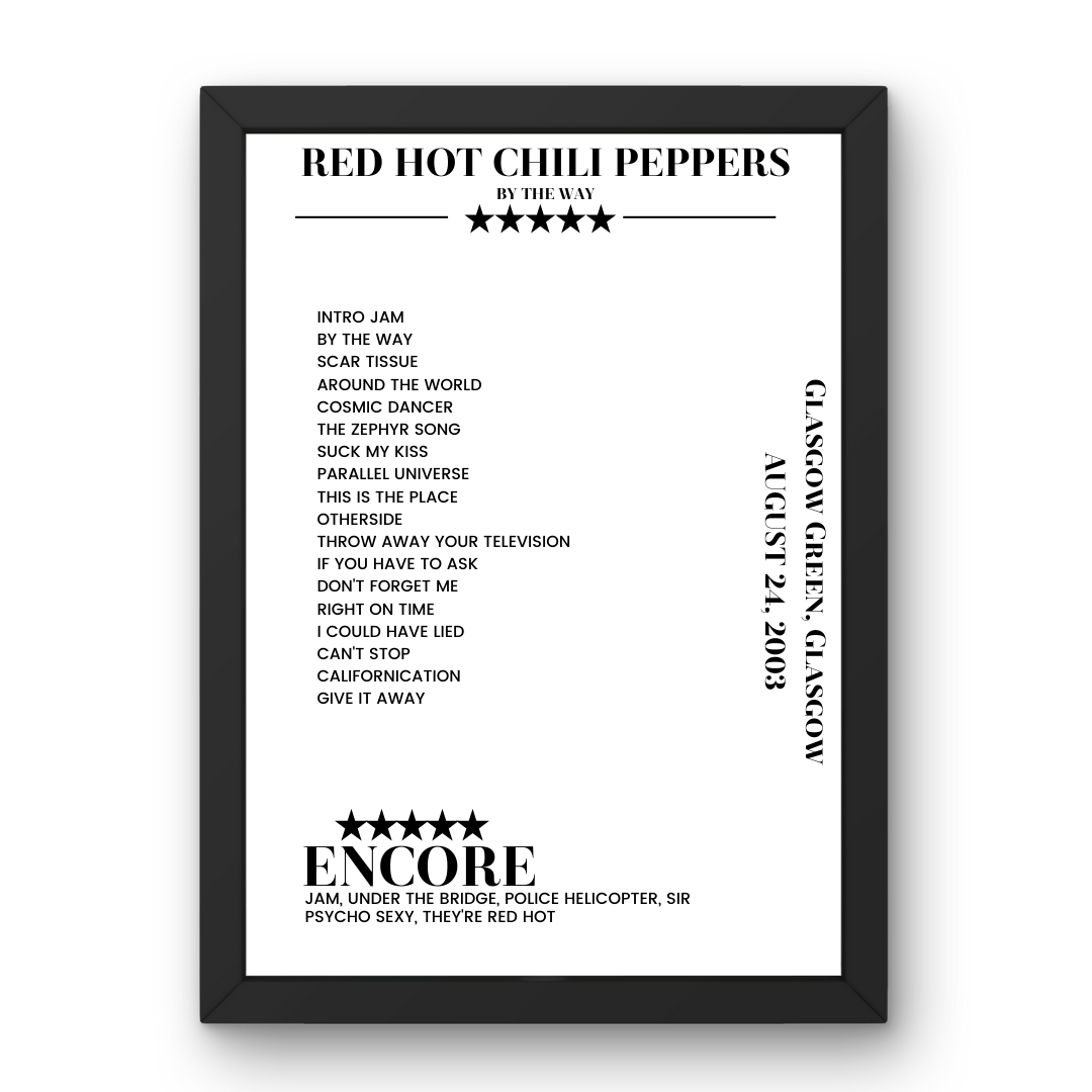 Red Hot Chili Peppers August 24, 2003 Glasgow Green Glasgow Setlist Poster - Setlist