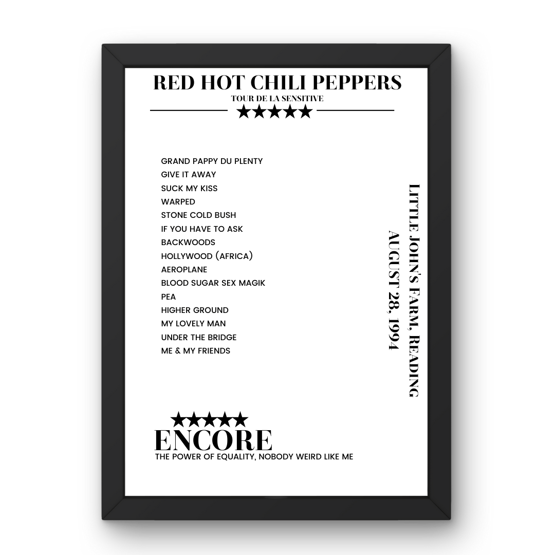 Red Hot Chili Peppers August 28, 1994 Little John's Farm Reading Setlist Poster - Setlist