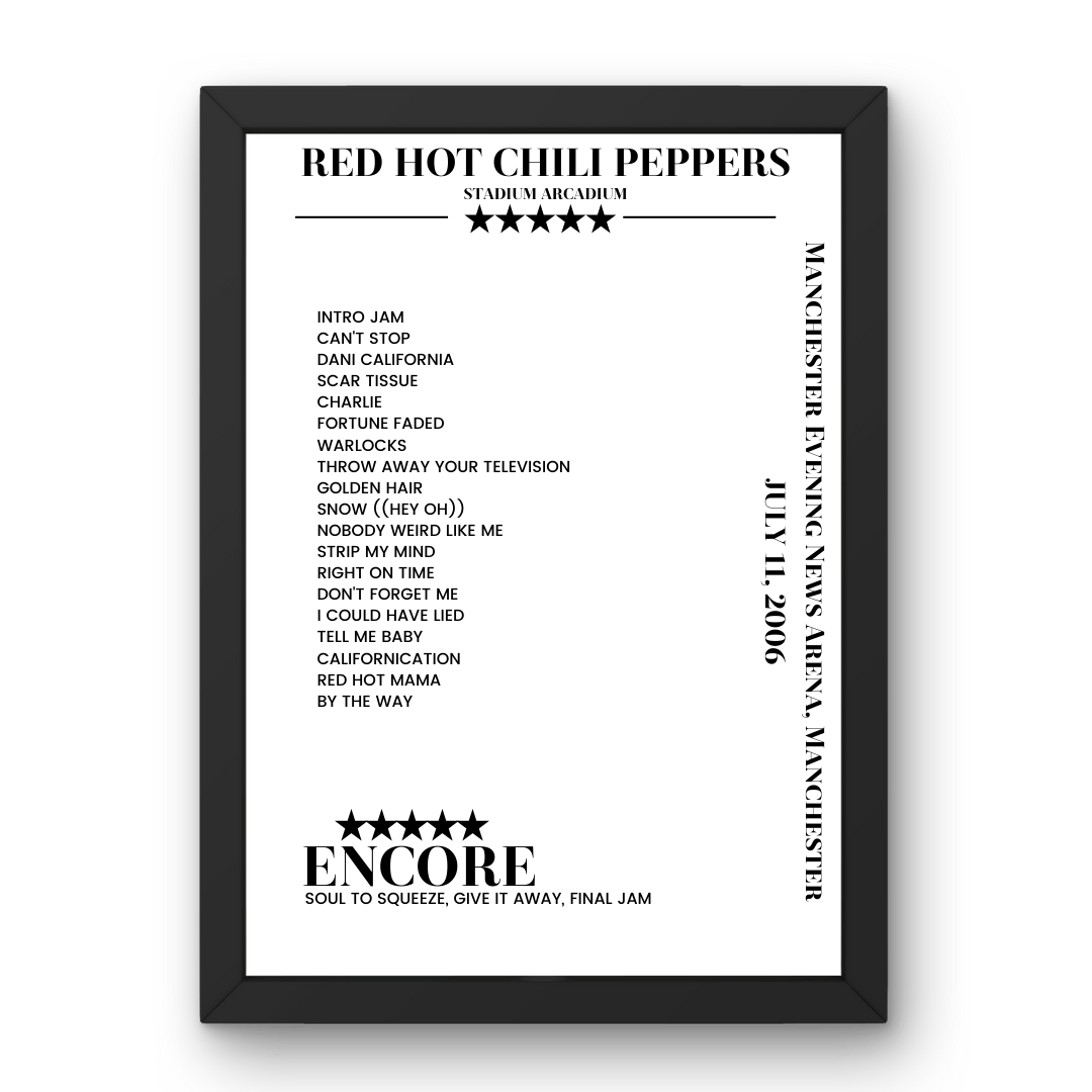 Red Hot Chili Peppers July 11, 2006 Manchester Evening News Arena Manchester Setlist Poster - Setlist