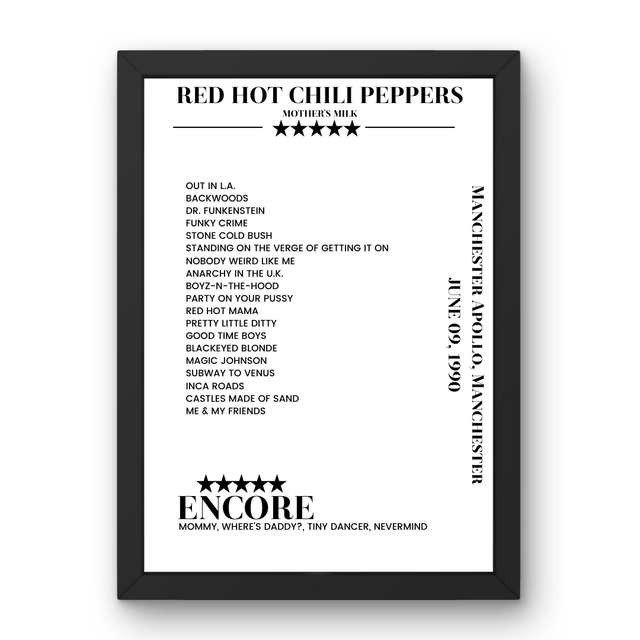 Red Hot Chili Peppers June 09, 1990 Manchester Apollo Manchester Setlist Poster - Setlist