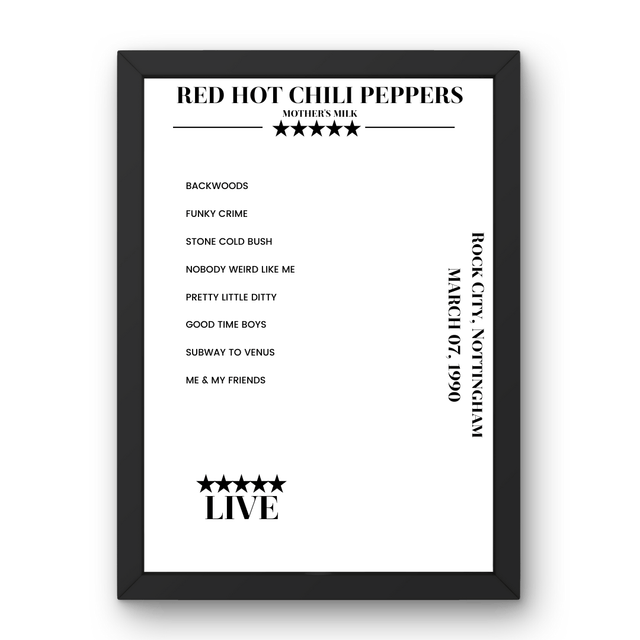 Red Hot Chili Peppers March 07, 1990 Rock City Nottingham Setlist Poster - Setlist