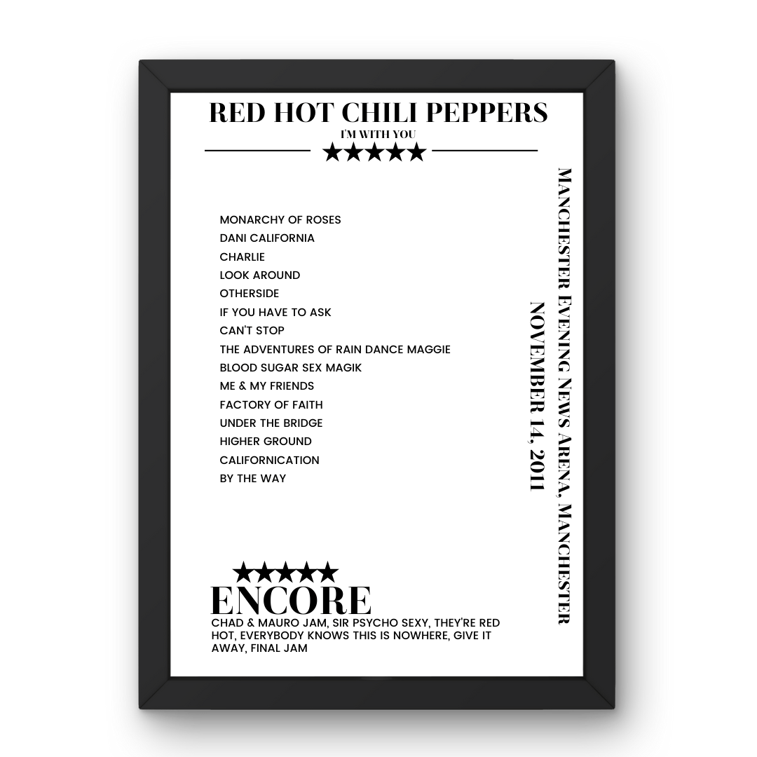 Red Hot Chili Peppers November 14, 2011 Manchester Evening News Arena Manchester Setlist Poster - Setlist