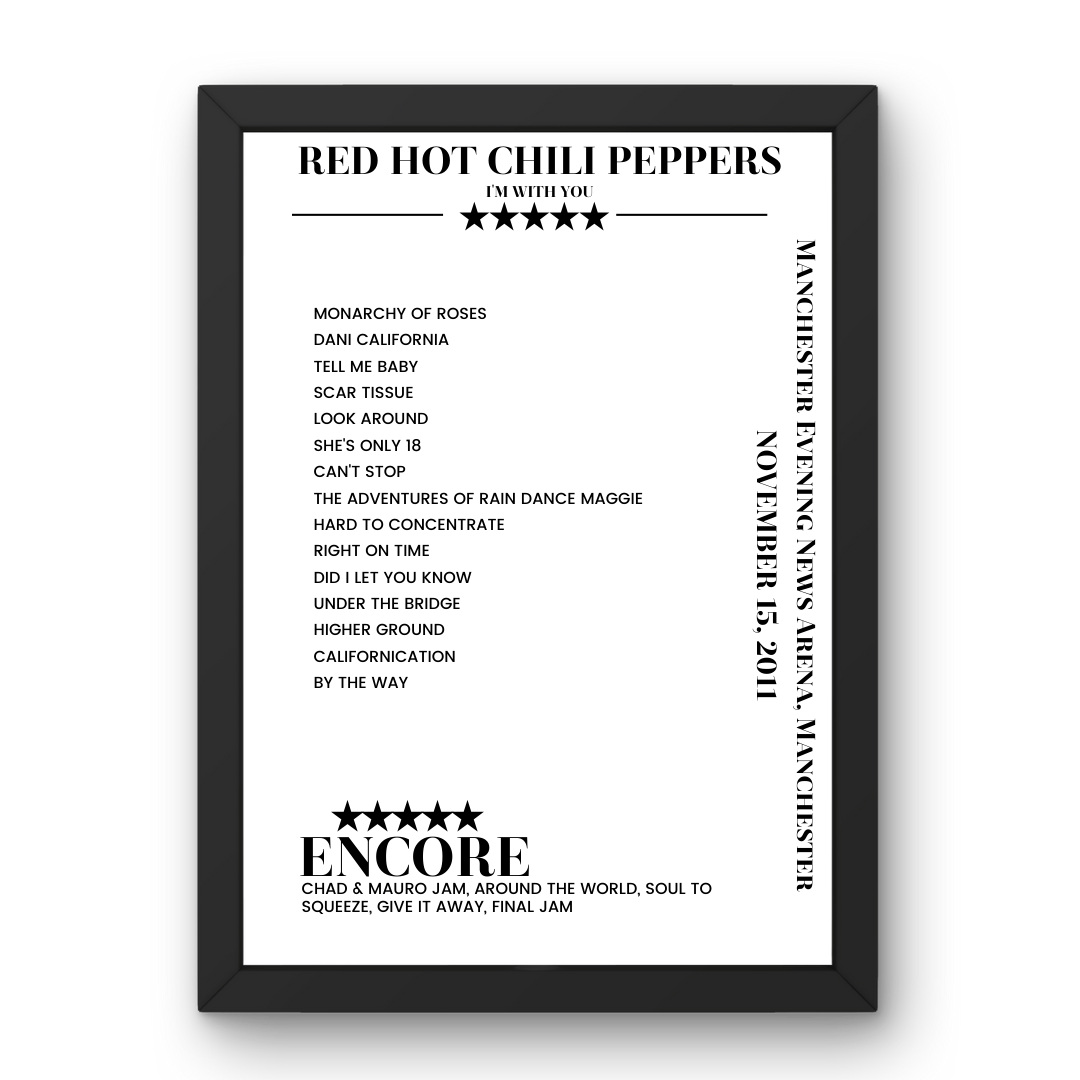 Red Hot Chili Peppers November 15, 2011 Manchester Evening News Arena Manchester Setlist Poster - Setlist