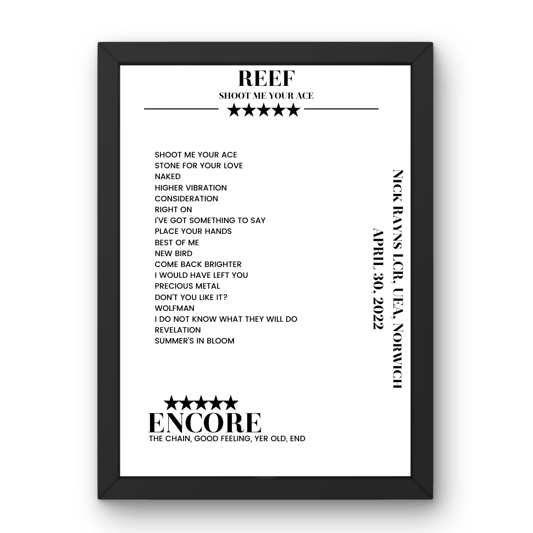 Reef April 30, 2022 Nick Rayns LCR, UEA Norwich Setlist Poster - Setlist