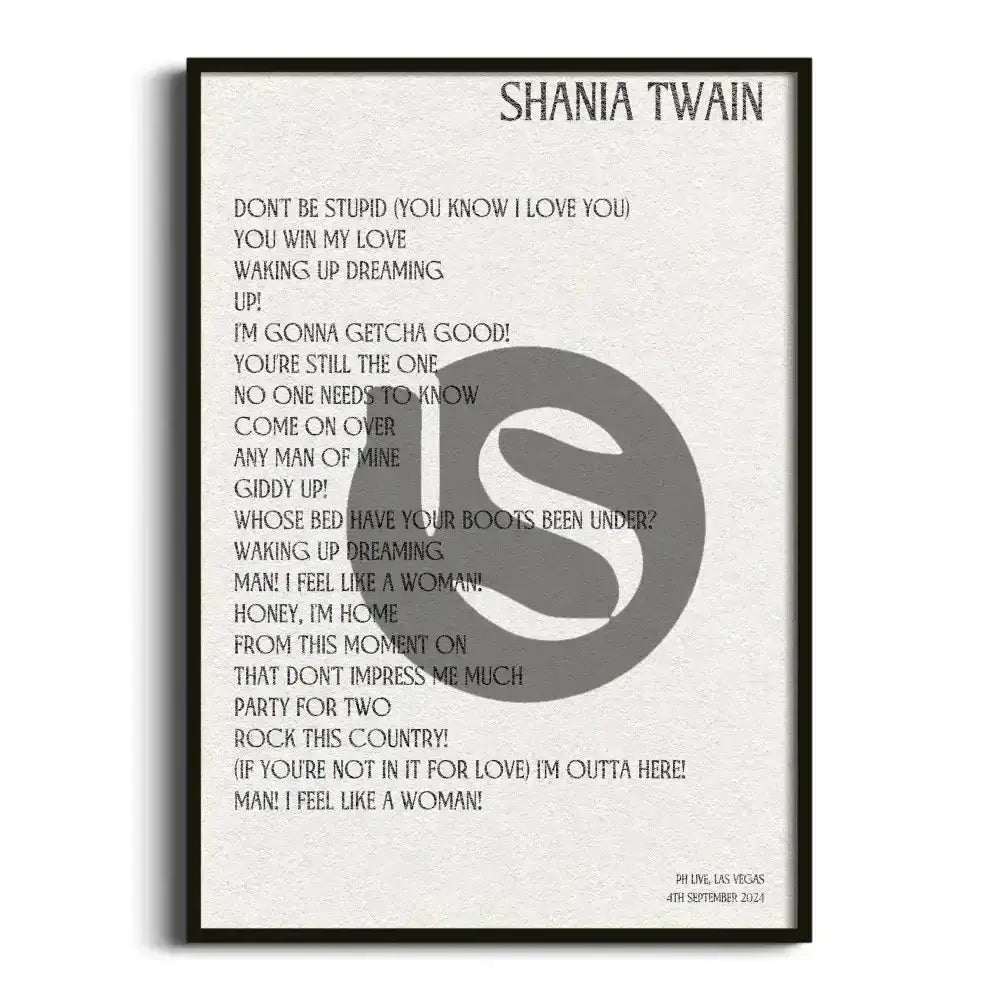 Shania Twain Come on Over - The Las Vegas Residency Las Vegas 4th September 2024 Setlist Tour Poster - Setlist