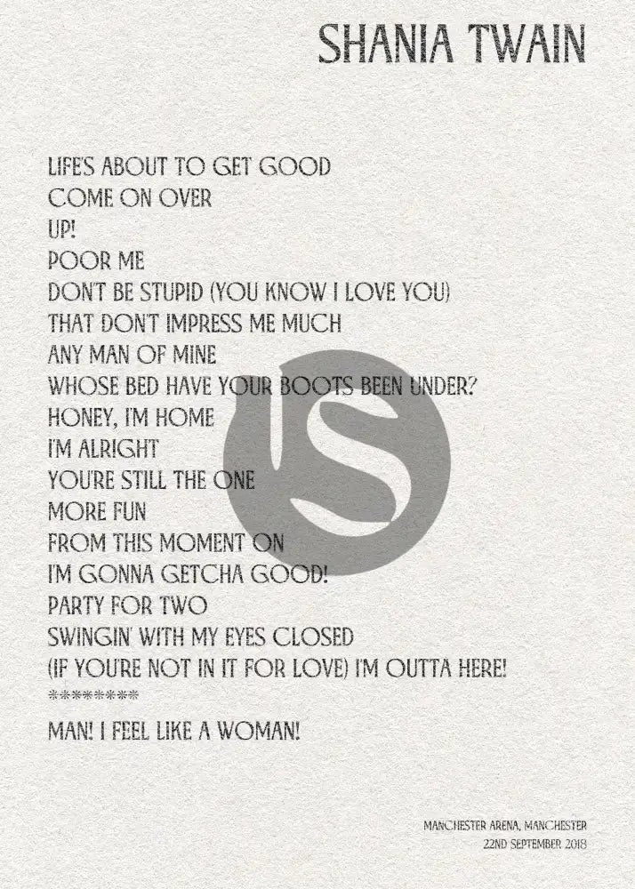 Shania Twain Manchester 22nd September 2018 - Gig Setlist - Setlist