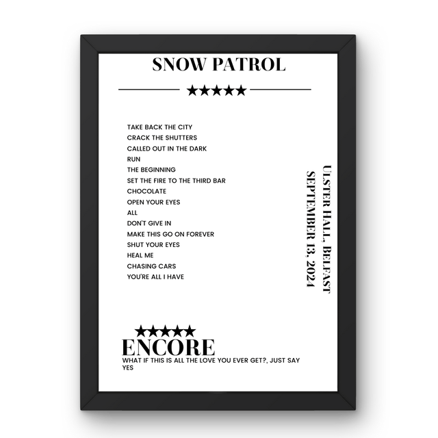 Snow Patrol Ulster Hall Belfast 13 September 2024 Setlist Poster - Setlist