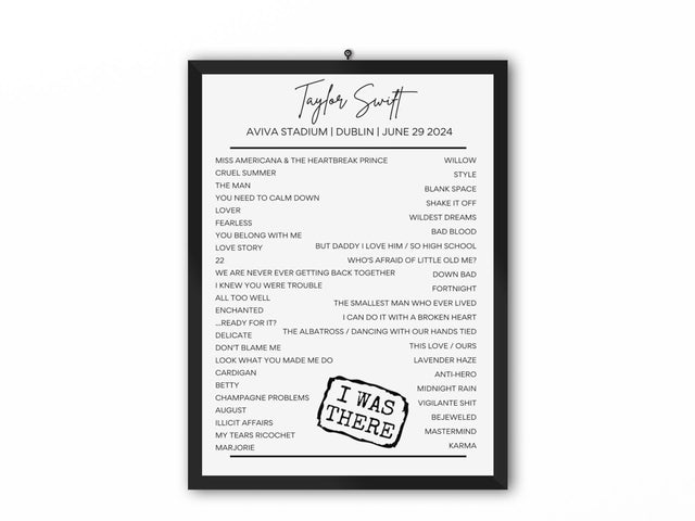 Taylor Swift Dublin June 29 2024 Setlist Poster - Setlist