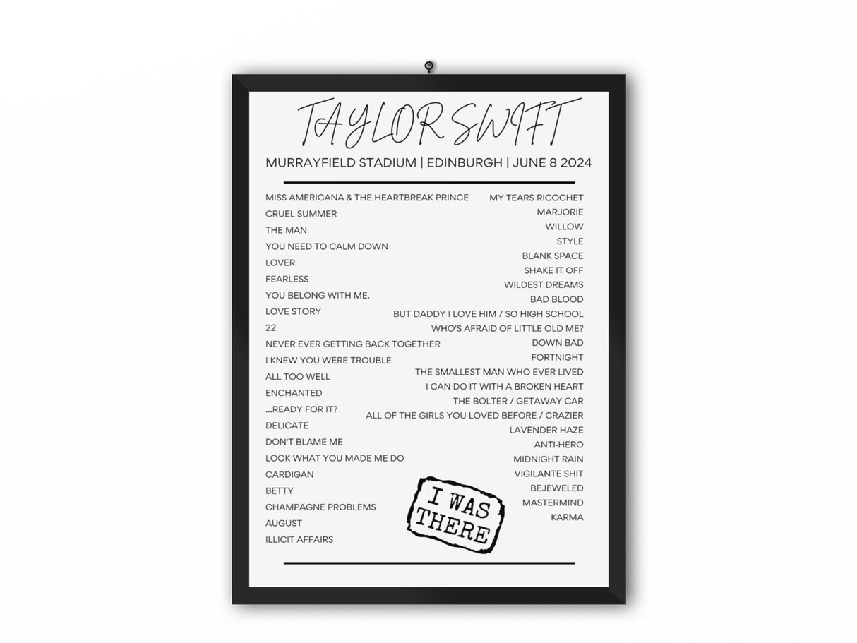 Taylor Swift Edinburgh June 8 2024 Setlist Poster - Setlist