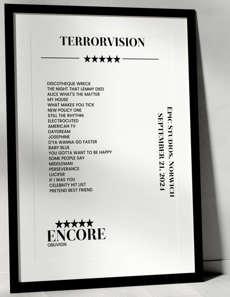 Terrorvision September 21, 2024 Epic Studios Norwich Setlist Poster - Setlist