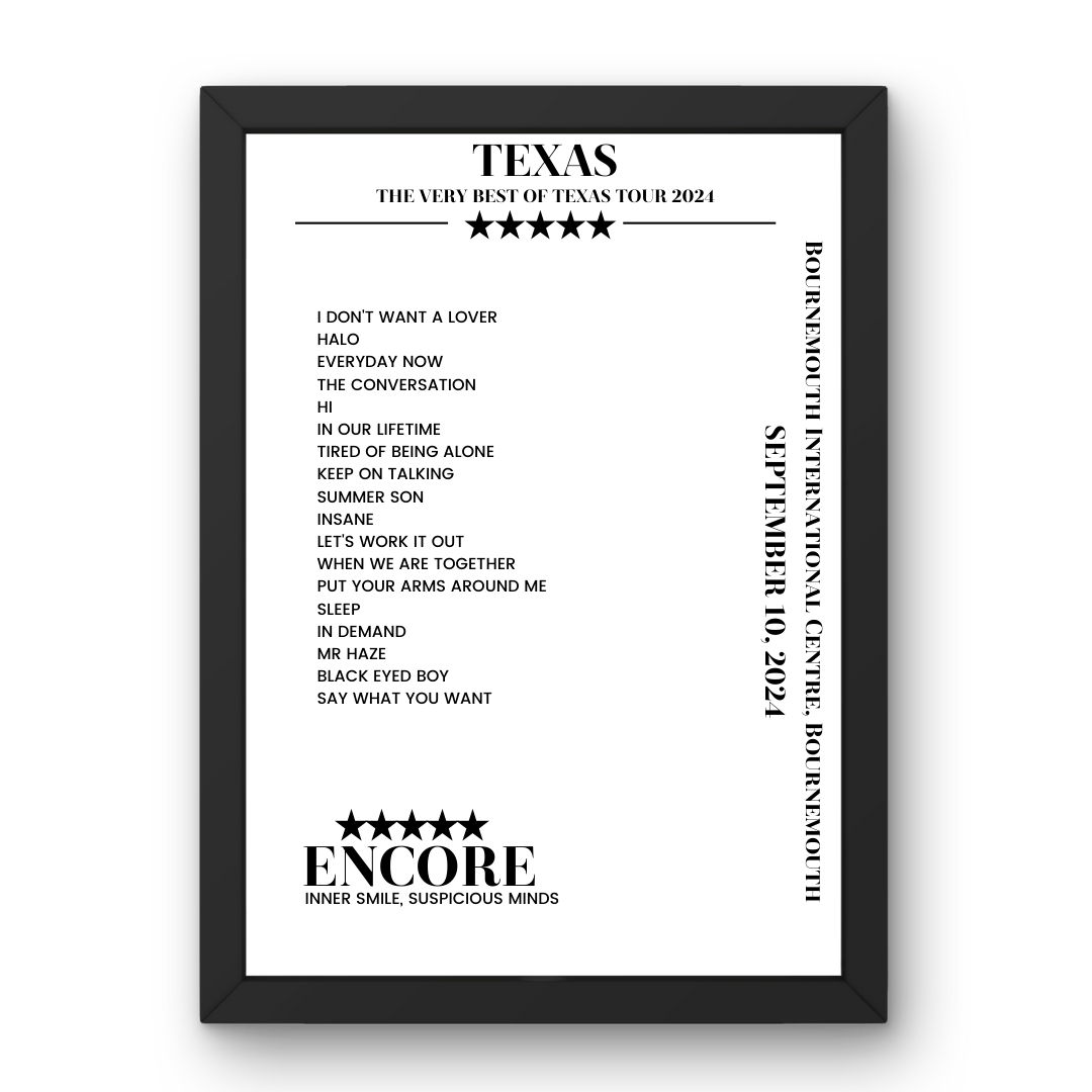 Texas Bournemouth International Centre Bournemouth 10 September 2024 Setlist Poster - Setlist